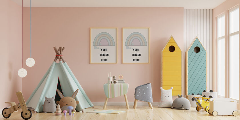 家具儿童室模型海报框架托儿所室 儿童室 墙框架模型三维渲染孩子公寓图片