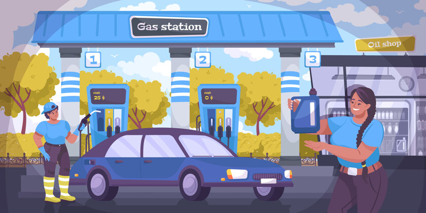 过程石油工业插图与加油站平面插图燃料天然气柴油