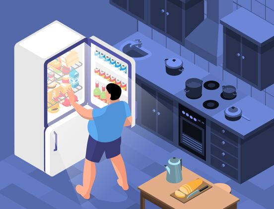 食欲肥胖者打开冰箱门的厨房内部视图等距水平构成零食饮食超重