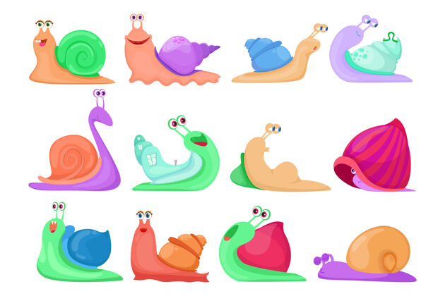 野生卡通蜗牛集五颜六色人物插画螺旋家庭花园