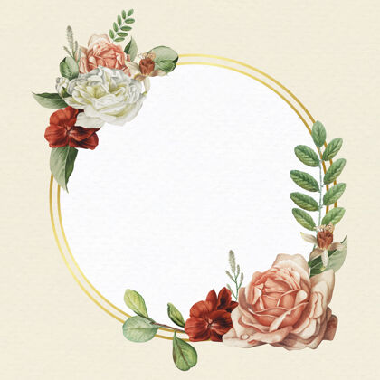 开花米色背景上的金色花框框架空白玫瑰