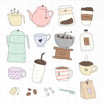 素描可爱的咖啡涂鸦元素集咖啡包放松咖啡馆