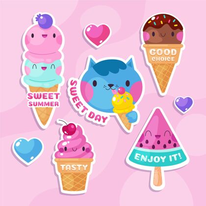 冰激凌扁平冰淇淋插图集美味可口甜蜜的夏天