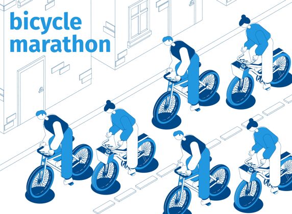 女人参加自行车马拉松赛的男女骑行在街道上蓝白等距自行车一起马拉松