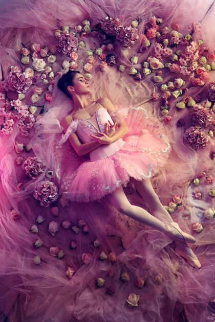 美丽俯瞰美丽的年轻女子在粉红色芭蕾舞团图图周围的鲜花优雅现代活跃
