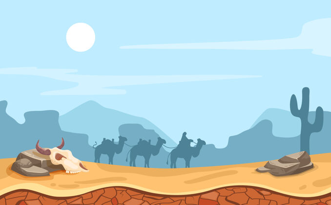 沙漠沙漠景观与骆驼插图太阳动物仙人掌