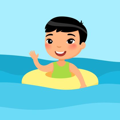 男孩男孩游泳与充气环美丽的孩子在水中挥舞乐趣 孩子享受夏季活动泳衣夏天孩子