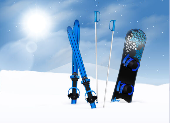 天空滑雪杆和滑雪板在雪与蓝天和太阳现实冬天运动滑雪