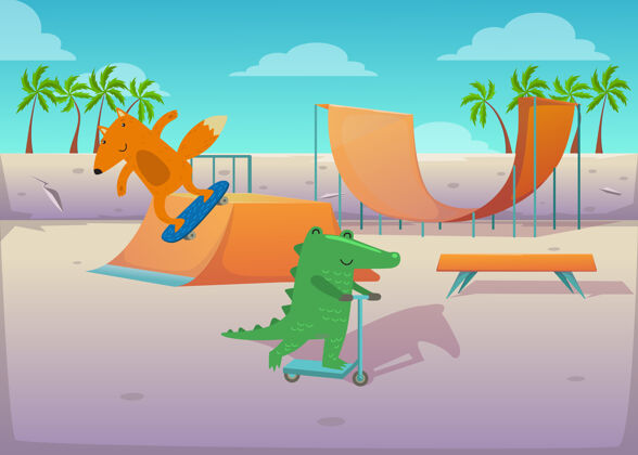 滑板可爱的动物在溜冰公园运输插图极限设备城市