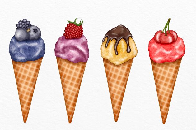 季节手绘水彩画冰淇淋系列美味套装甜点