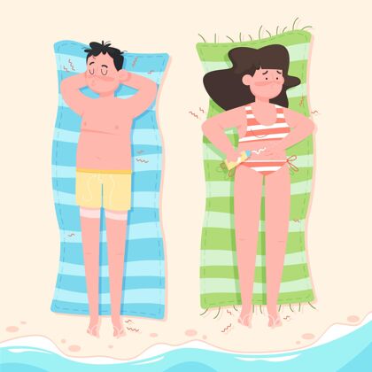 夏天卡通人在沙滩上晒了个太阳紫外线卡通皮肤