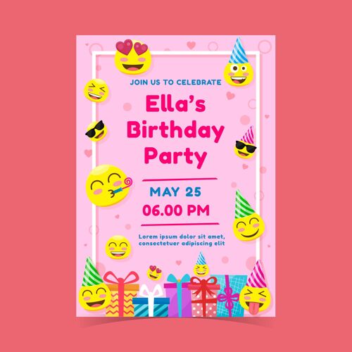 儿童平面表情生日邀请模板表情符号生日纪念日儿童生日聚会