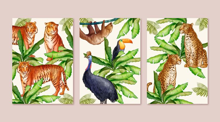 野生动物手绘野生动物封面收藏艺术组成准备打印