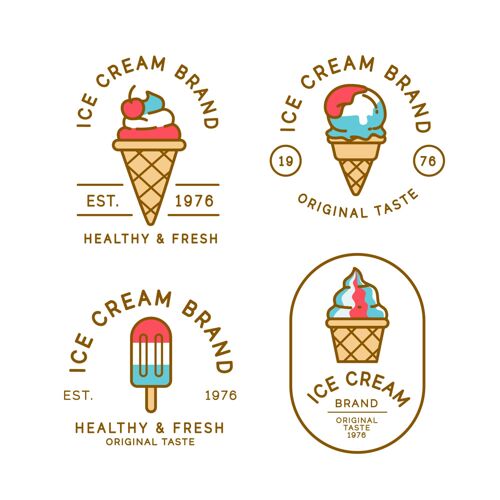 夏季线性扁平冰淇淋标签收集风味冰淇淋食品