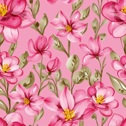 水彩春天的花朵和粉红色的叶子的无缝模式手绘花卉花卉