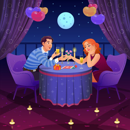 月亮手绘情侣庆祝浪漫晚餐人夜晚人