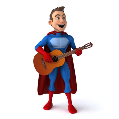 男人一个有趣的超级英雄有趣的三维插图超级吉他斗篷