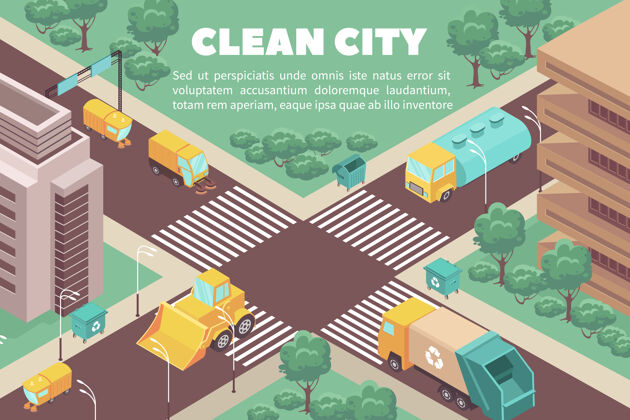 人等距组成与垃圾车和垃圾箱的街道清洁城市三维矢量插图城市挖掘机树叶