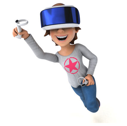 设备有趣的三维插图的少女与虚拟现实头盔女人女孩虚拟现实