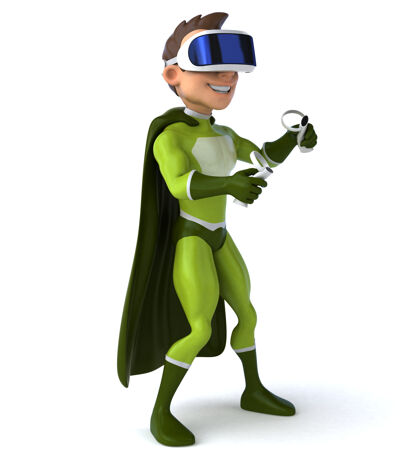未来一个超级英雄与虚拟现实头盔有趣的三维插图视频科技人物