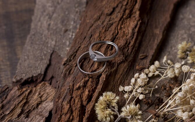 平面布置顶视图结婚戒指和木头戒指安排上图