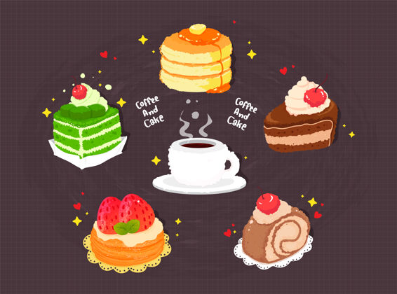 麦卡龙手绘咖啡蛋糕卡通艺术插画纸杯蛋糕餐厅浓缩咖啡