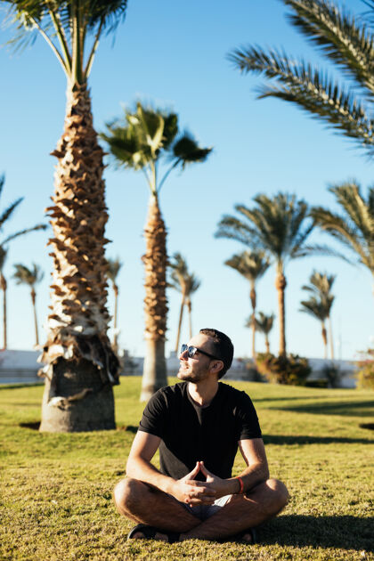 放松一个戴着太阳镜 留着胡子的帅哥 坐在草丛里 棕榈树下 过着暑假的豪华度假胜地短裤人太阳镜