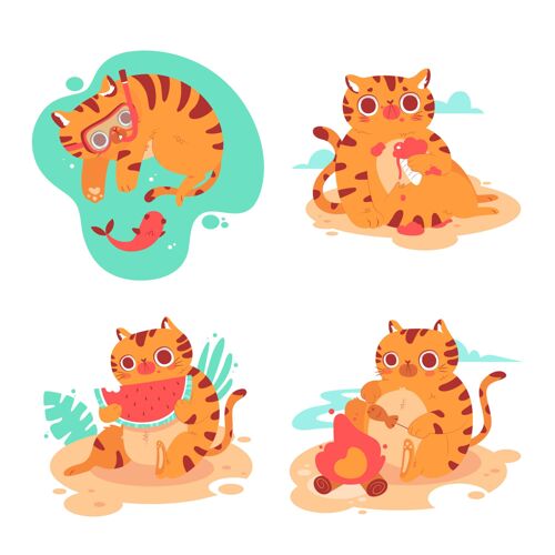海滩收集夏季小猫贴纸假日动物设置
