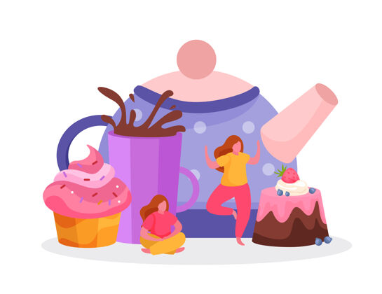 液体茶点时间平面背景与女性人物形象的蛋糕杯滴溅和茶壶插图滴糕点马克杯