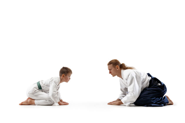 锻炼男子和少年男孩在合气道训练武术学校老师艺术运动