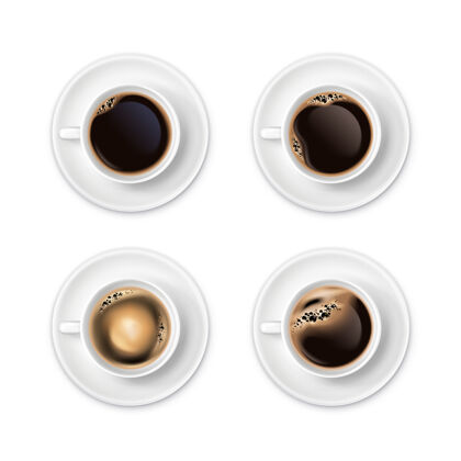 咖啡黑咖啡和泡沫在白色杯子顶视图现实设置隔离顶部设置泡沫