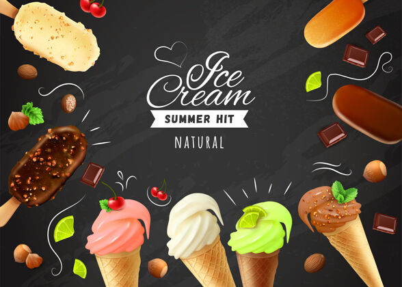 深色冰淇淋粉笔板 爱斯基摩派框架 白-黑和米尔克巧克力釉面和华夫饼圆锥体品种逼真框架黑板圆锥