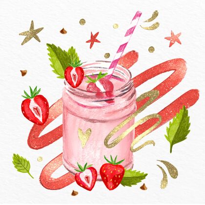 美味手绘水彩画果汁在搅拌机玻璃插图水果健康手绘