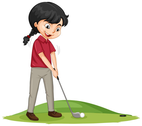 场景年轻的高尔夫球员卡通人物打高尔夫动作学生球体