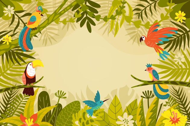 平面插图有机平原丛林背景与异国情调的鸟类背景自然鹦鹉