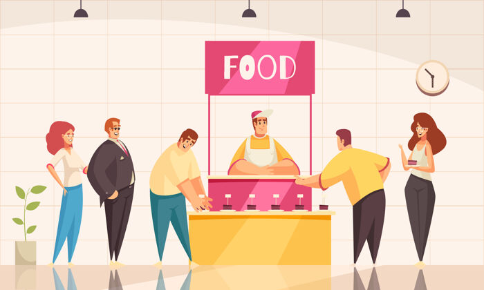 人世博展台背景以食品促销符号为平面插图客户食物促销