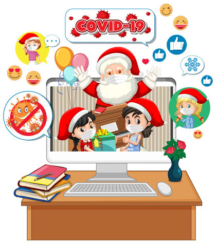 眼睛电脑屏幕上的圣诞老人与社交媒体图标庆祝病毒科学