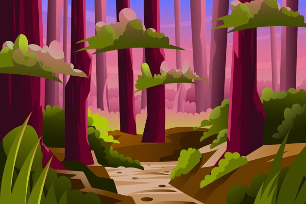 多彩卡通丛林背景与路径小路平面插图平面设计