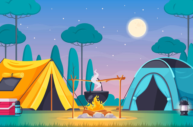 火野营用两个帐篷组成消防降温箱 有树木和夜空卡通构图野营卡通
