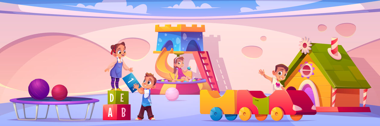 游戏室横幅带着孩子们在幼儿园的操场上横幅活动角色娱乐