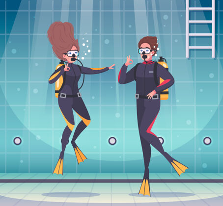游泳池潜水浮潜卡通作品 具有人体特征的潜水员在水池下用呼吸器呼吸水潜水器械