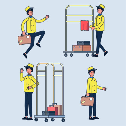 页面行李员提着手提箱行李客户服务员