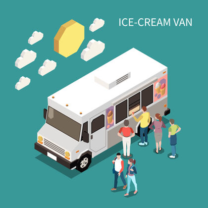 冰冰淇淋车等距插图与人们站在食品车附近购买甜产品产品卡车人
