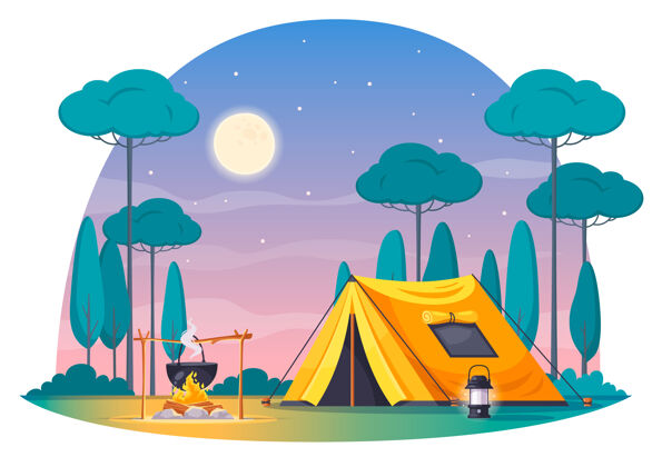 帐篷野营地卡通构图用黄色帐篷灯煲上火烧晚餐夜空卡通灯锅