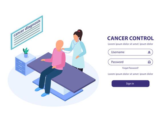 检查癌症控制登录网页模板等距插图与医生检查病人在医疗床上癌症医疗等距