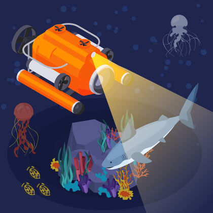 设备水下航行器机械设备等距组成船舶夜间在水下照耀探照灯海洋科学橙色