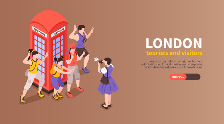 英国伦敦横幅与游客和游客拍照 旁边的红色电话亭等距旅游旅游度假