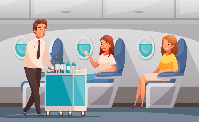 飞机乘务员在飞机卡通中为乘客提供饮料旅游旅游空姐