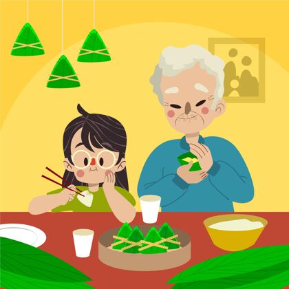 节日卡通龙舟一家准备吃粽子插画端午节活动赛龙舟