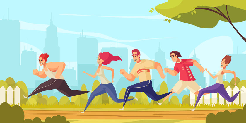 背景彩色卡通插画与一群穿着运动服的年轻人在城市公园奔跑插画城市公园团体